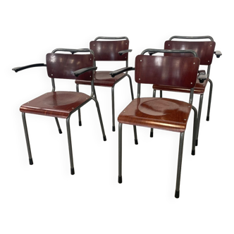 Set of 4 vintage Gispen school chairs with armrests, from the 1950s, origin Netherlands