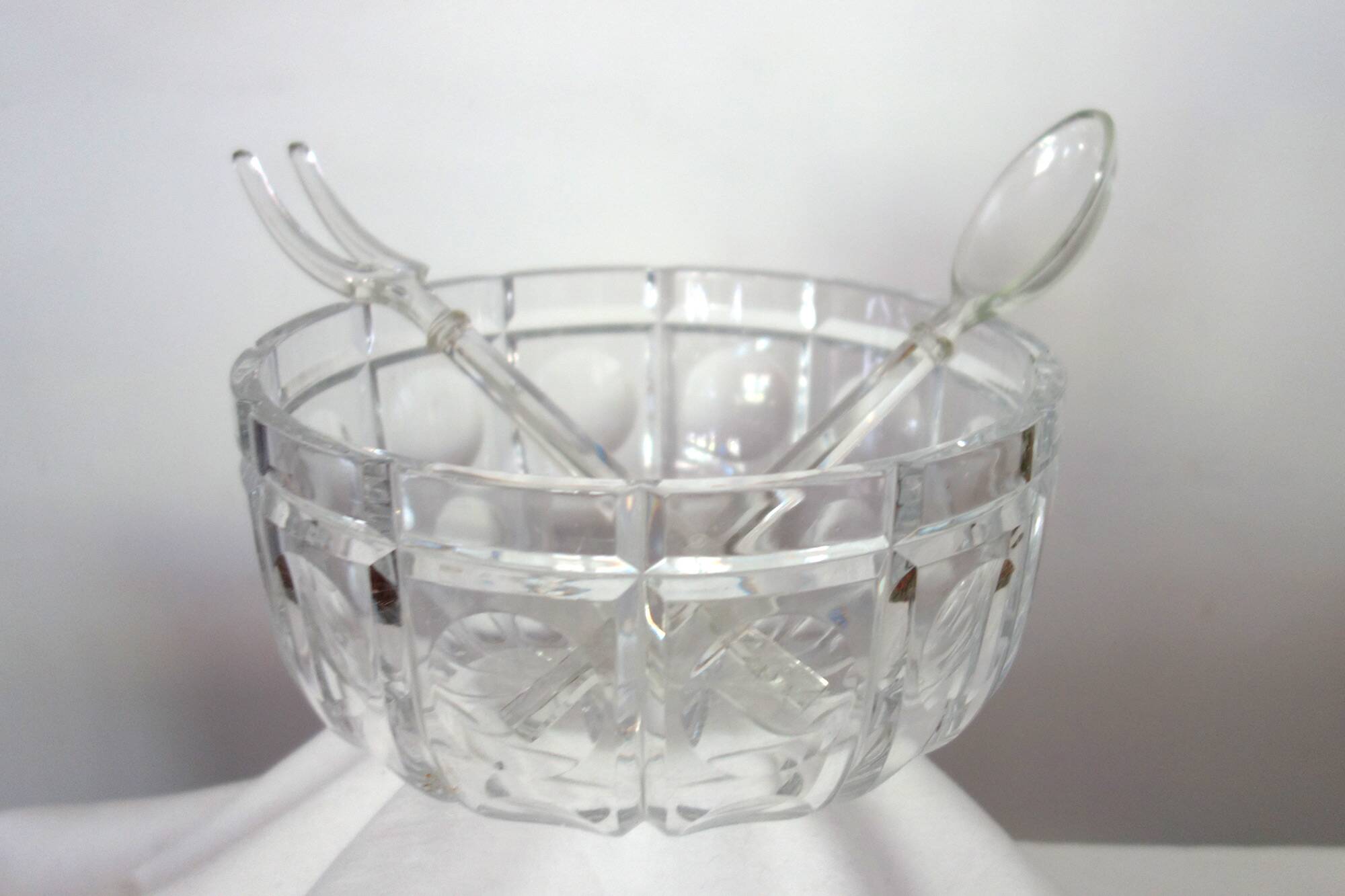 Vintage Bohemian cut crystal salad bowl and cutlery