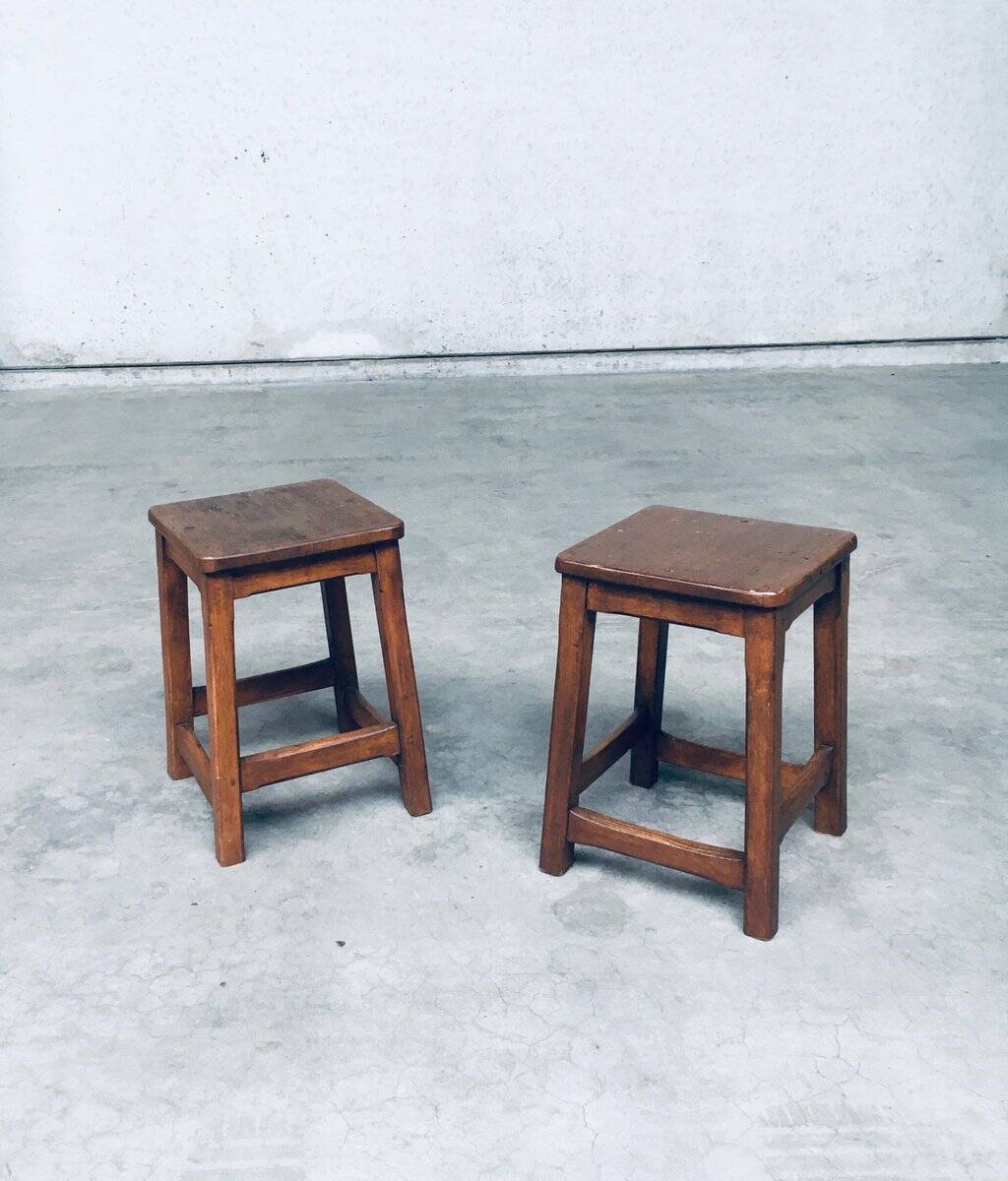 Set of Belgian Handcrafted Wooden Stools, 1940s