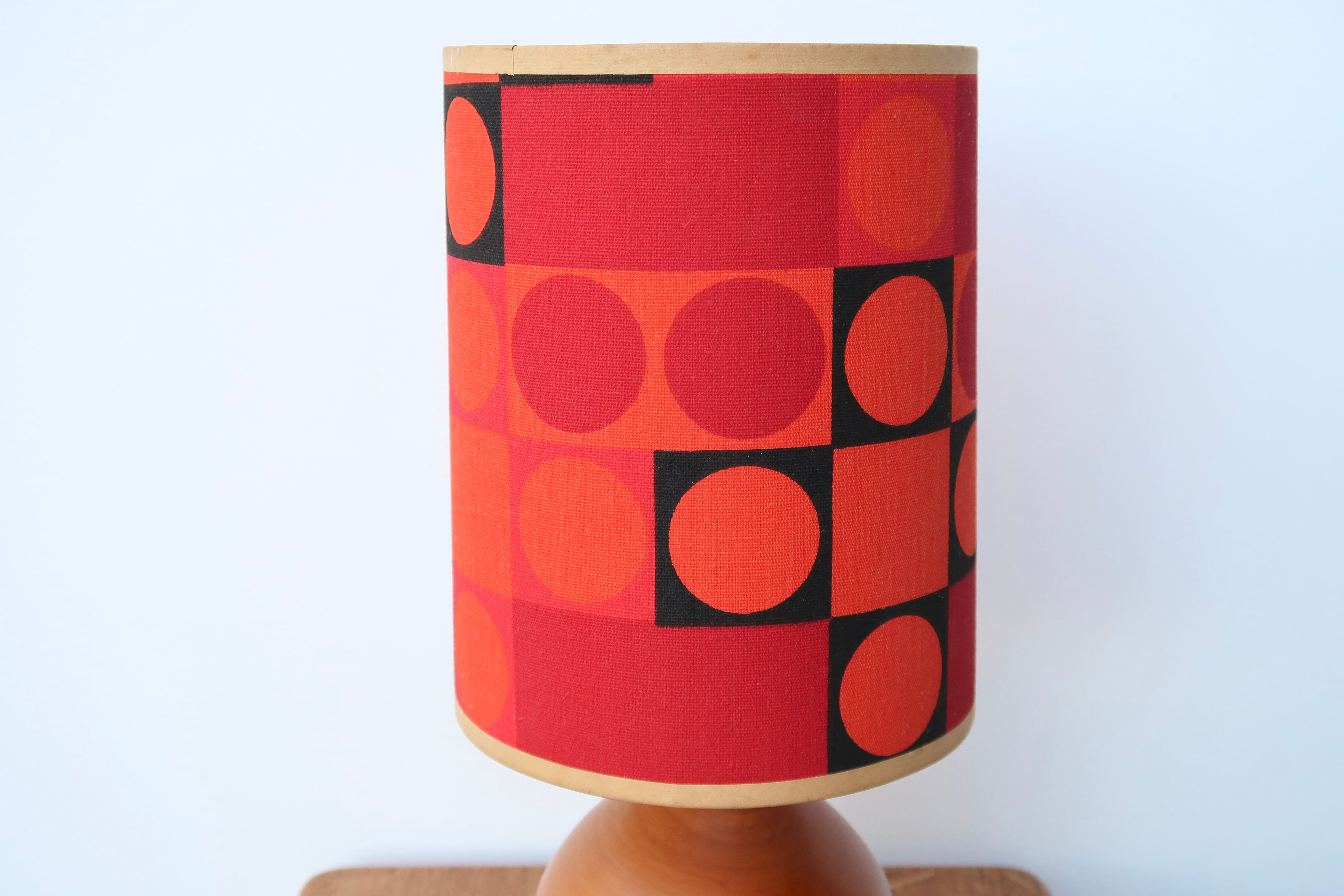 Wooden lamp, lampshade graphic fabric, 70s