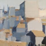 Peinture à l’huile de scène de rue de paysage urbain suédois vintage moderne du milieu du siècle « City Stroll », encadrée