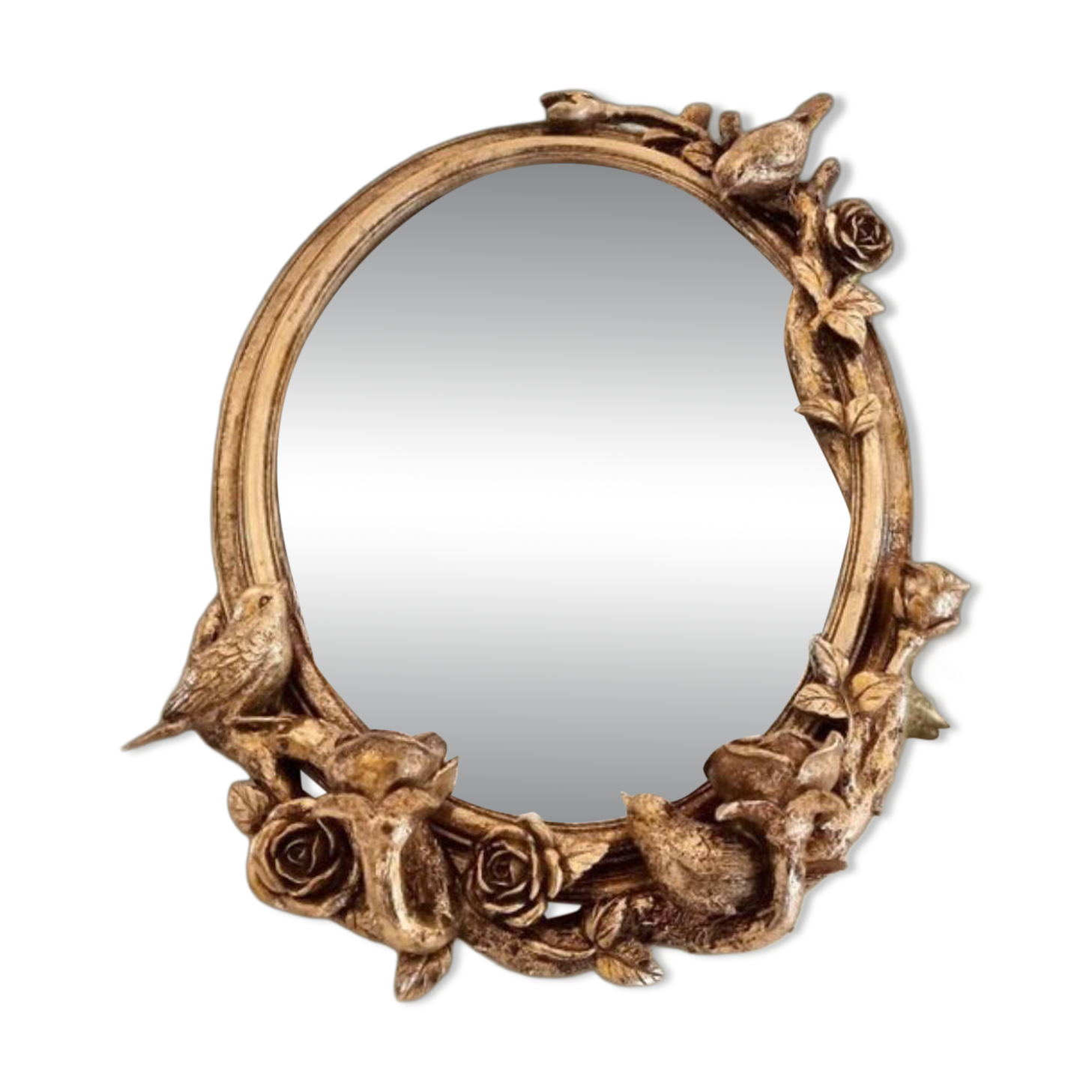 Oval wall mirror in Art Nouveau style with a decoration of birds and roses.