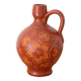 Vintage Terracotta Clay Jug Vase With Floral Pattern, Spanish Pottery