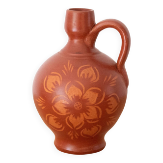 Vintage Terracotta Clay Jug Vase With Floral Pattern, Spanish Pottery