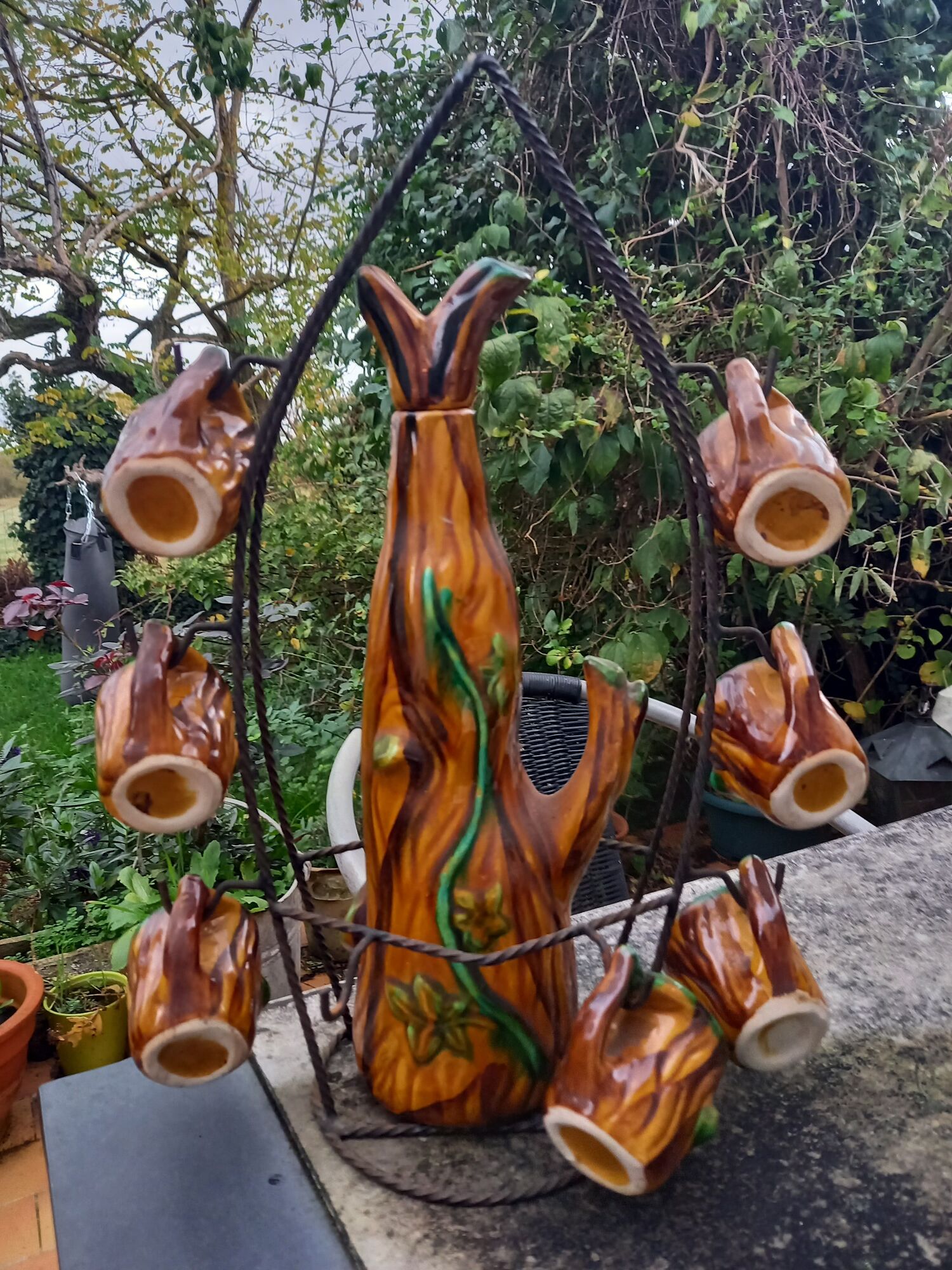 Carafe and 7 glazed ceramic cups of vintage Vallauris 60