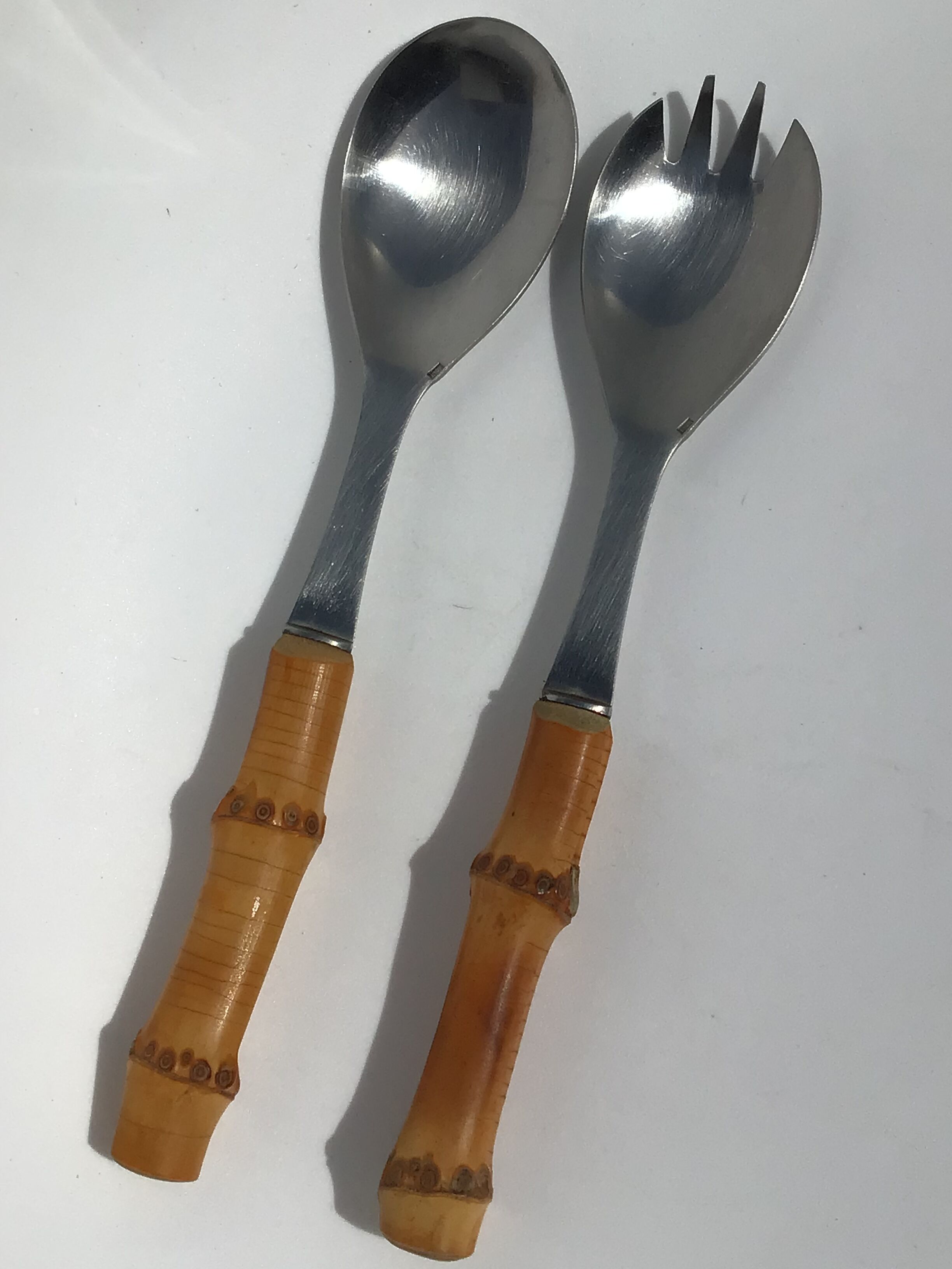 Salad cutlery in natural bamboo and stainless steel 70's