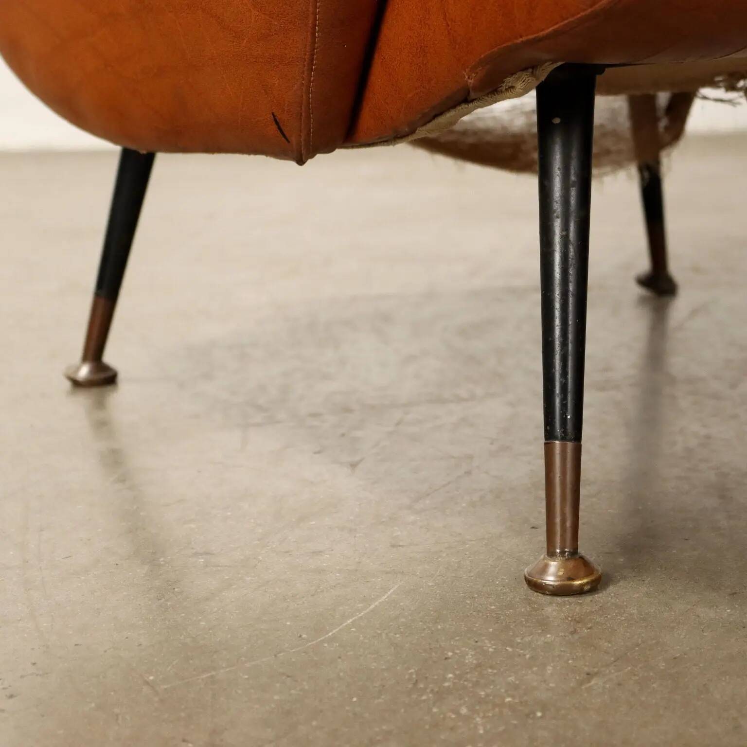 Small vintage armchair in faux leather, metal and brass, 1950s-1960s design.