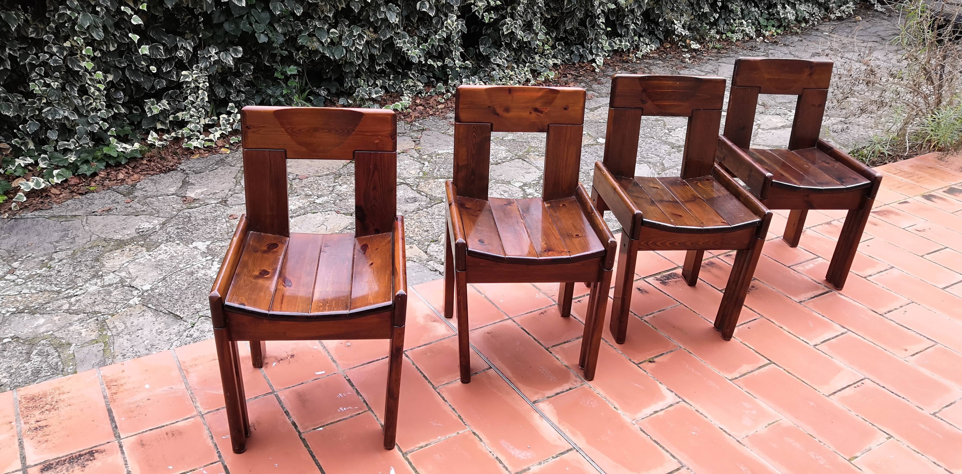 Brutalist Solid Pine Chairs Set of 4, 70s
