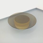 Vintage round coffee table in glass, leather, and metal in Space Age style from the 70s.