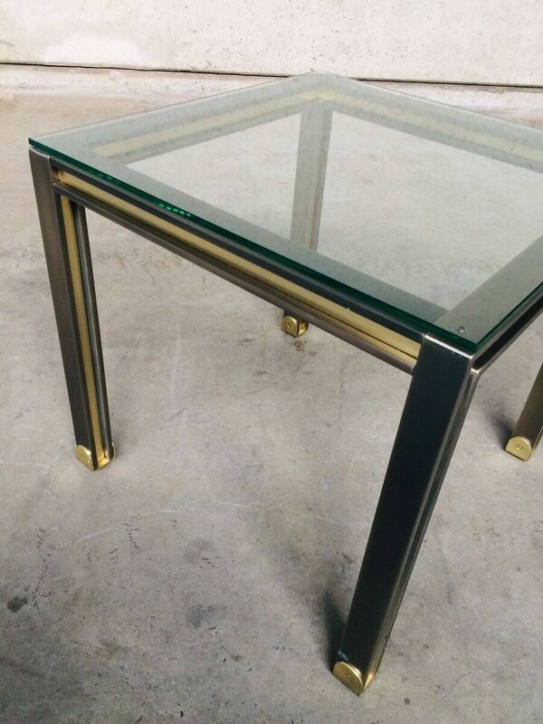 Steel and Brass Square Coffee Table, Belgium, 1980s