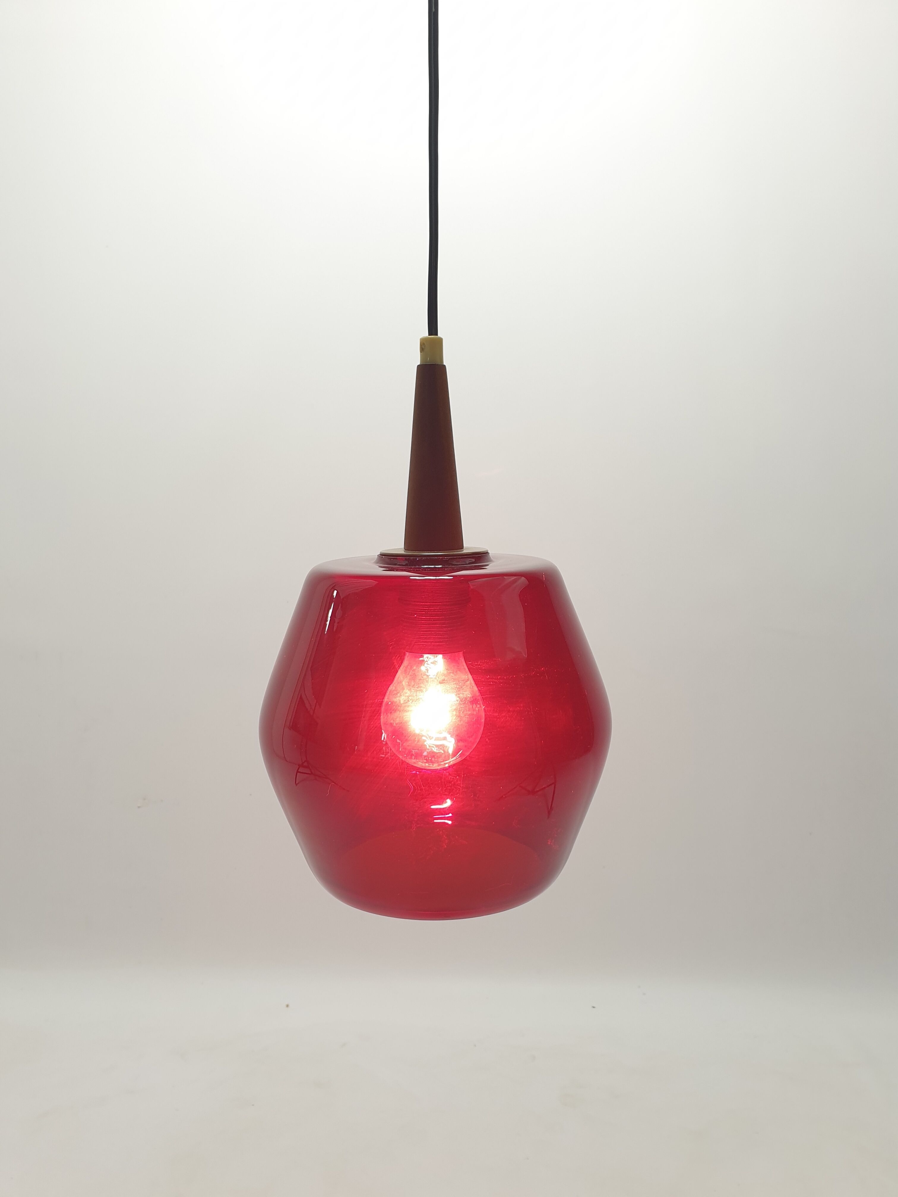 Mid century glass and teak pendant lamp, 1970s