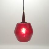 Mid century glass and teak pendant lamp, 1970s