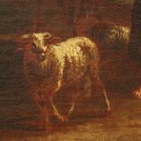 17th century bucolic landscape painting with figures, pastoral scene