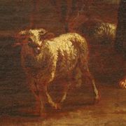 17th century bucolic landscape painting with figures, pastoral scene