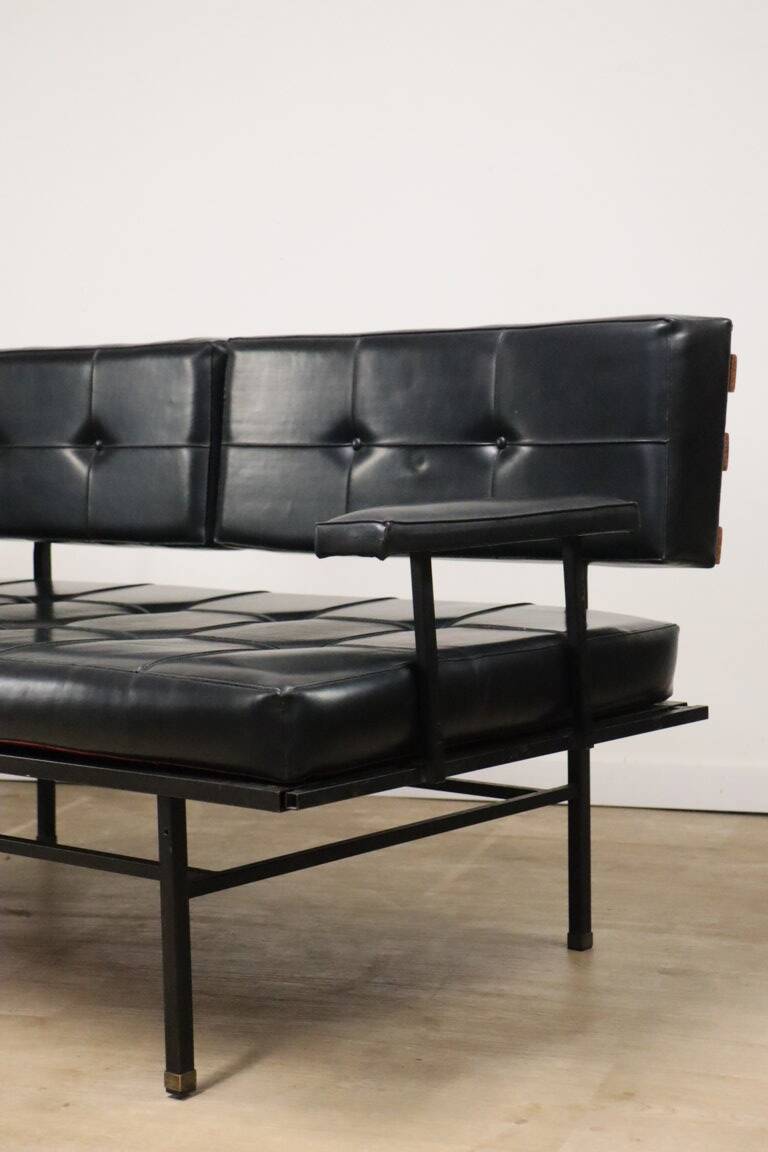 Vintage "Daybed" sofa bench in metal and imitation leather, 1950