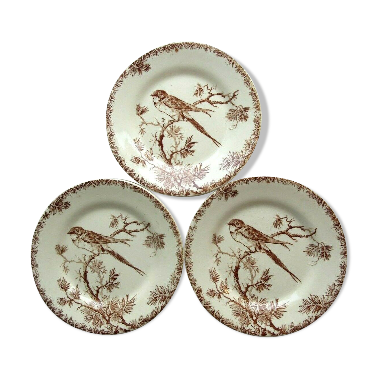 3 GIEN's Maroon Bird Dessert Plates, Provençal style with Hirondelle