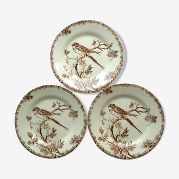 Set de 3 assiettes dessert Oiseau marron signées Gien modèle Provençal à l'Hirondelle