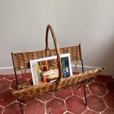 Large vintage 1960s magazine rack in rattan and black steel