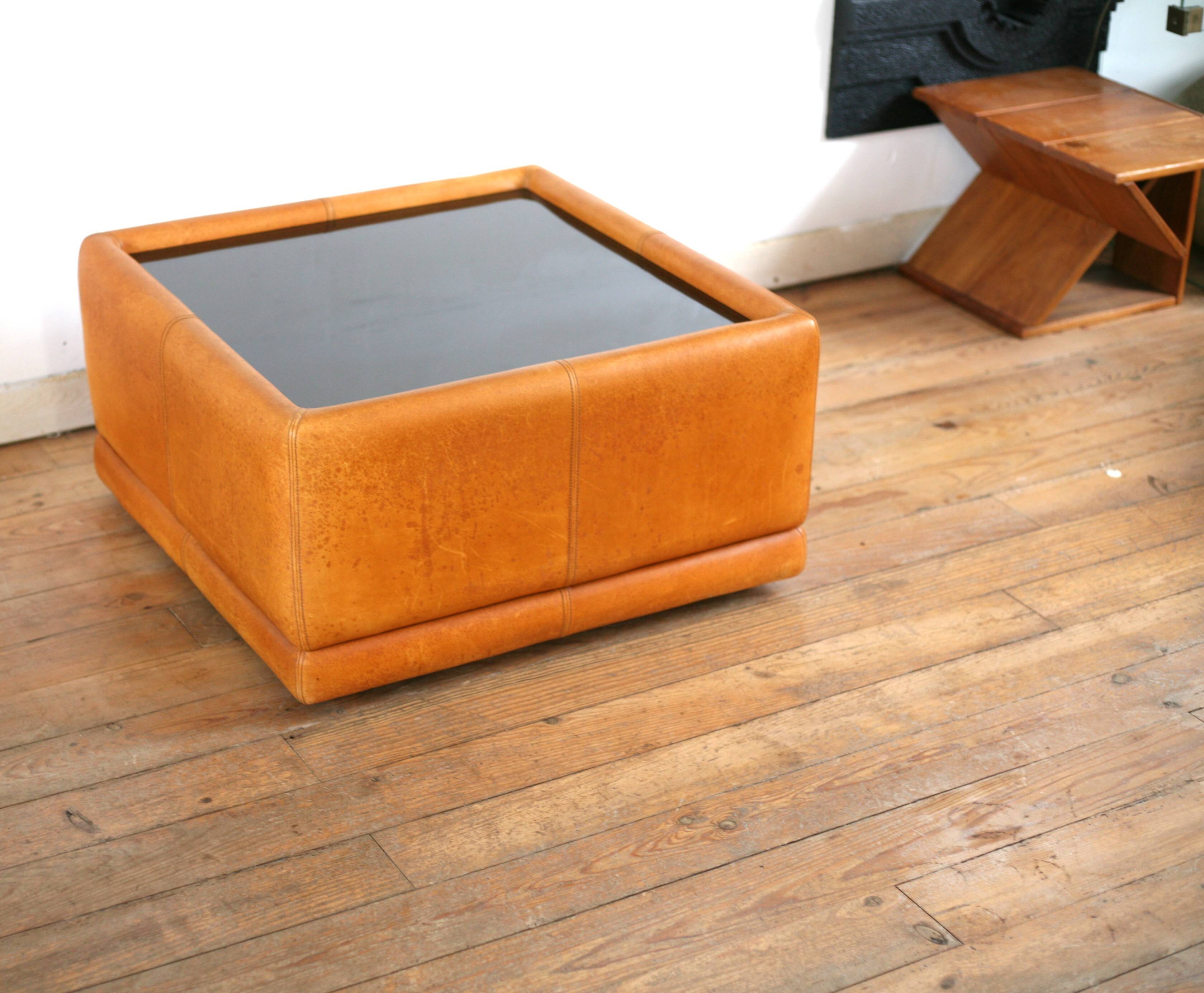 black leather and glass coffee table, vintage design