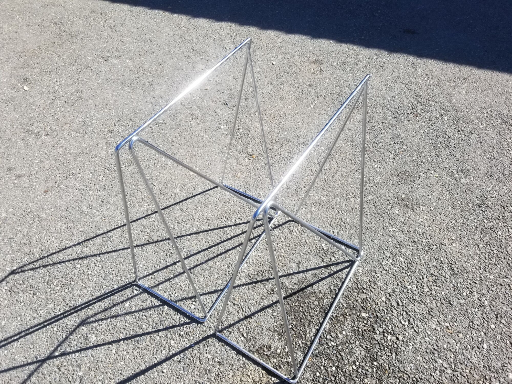 Vintage steel wire desk with chrome trestles and smoked glass top
