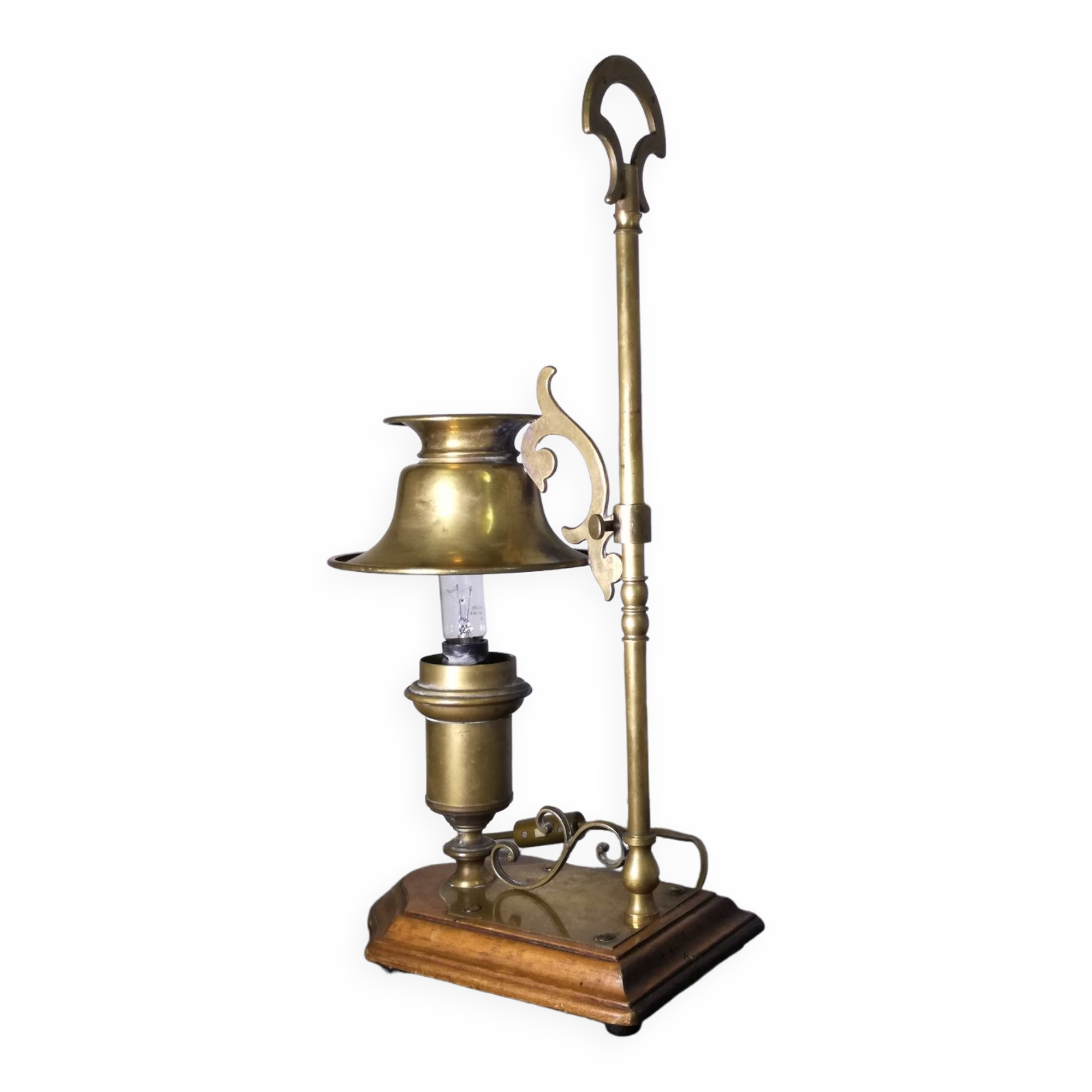 Brass and wood hot water bottle lamp 1970