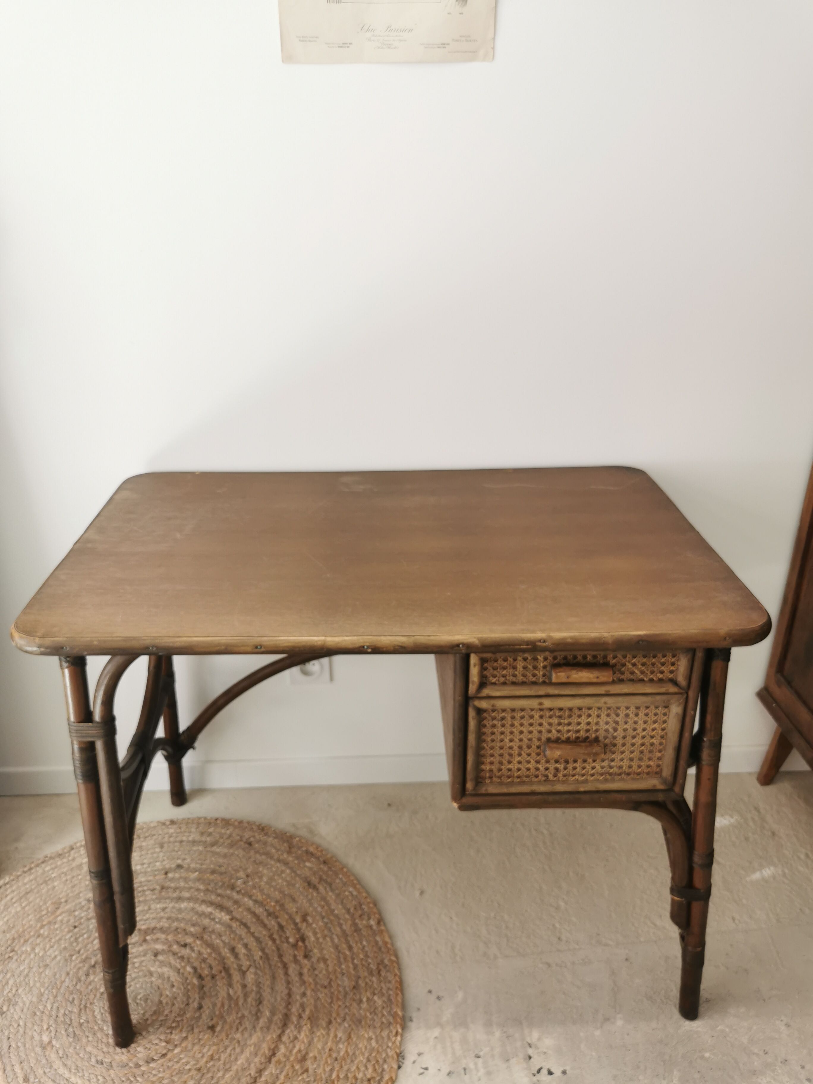 Rattan desk and vintage canning