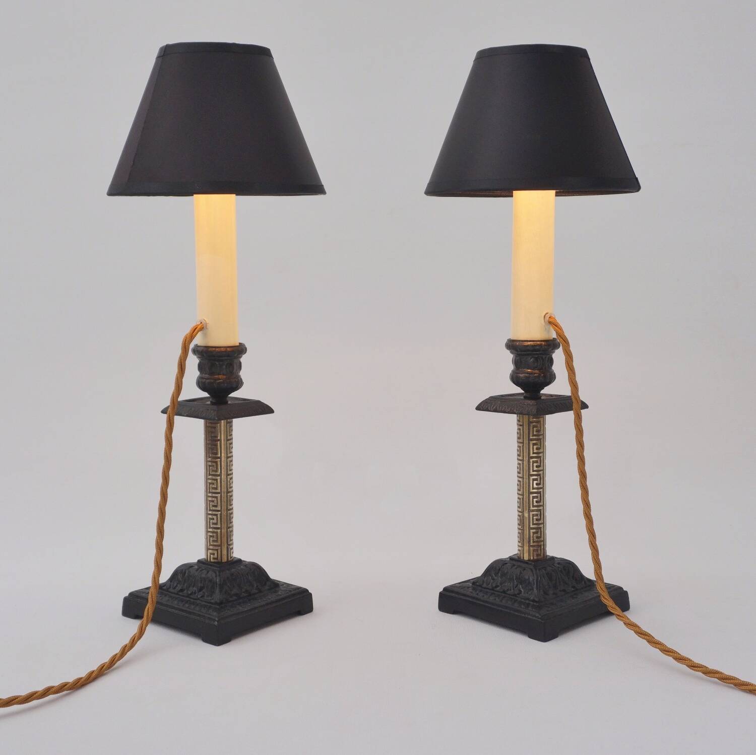Pair antique candlestick table lamps Aesthetic Movement iron brass 1890s UK