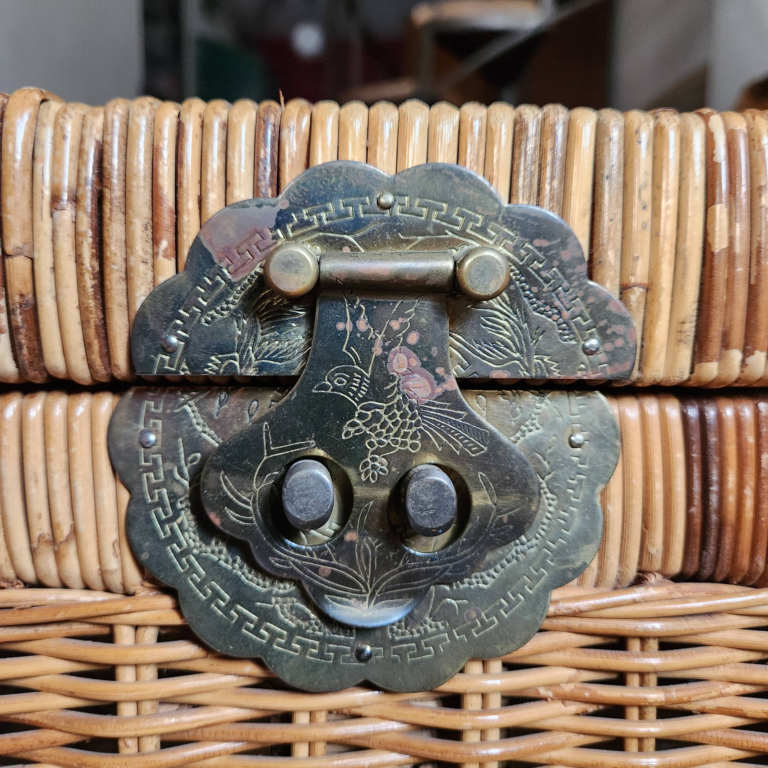 Antique vintage wicker trunk with brass fittings
