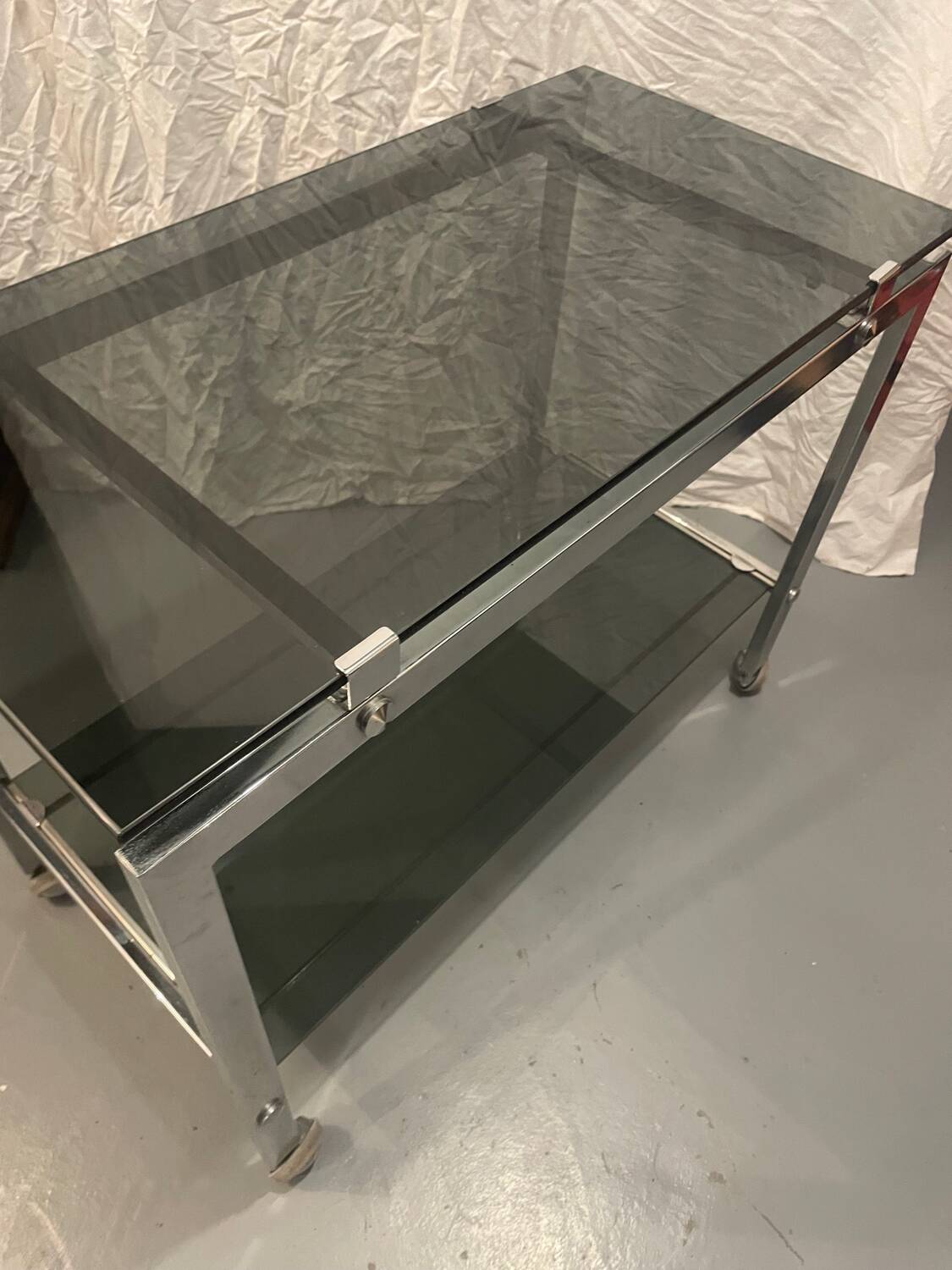 Vintage chrome serving cart/rolling table with smoked grey glass, circa 1970