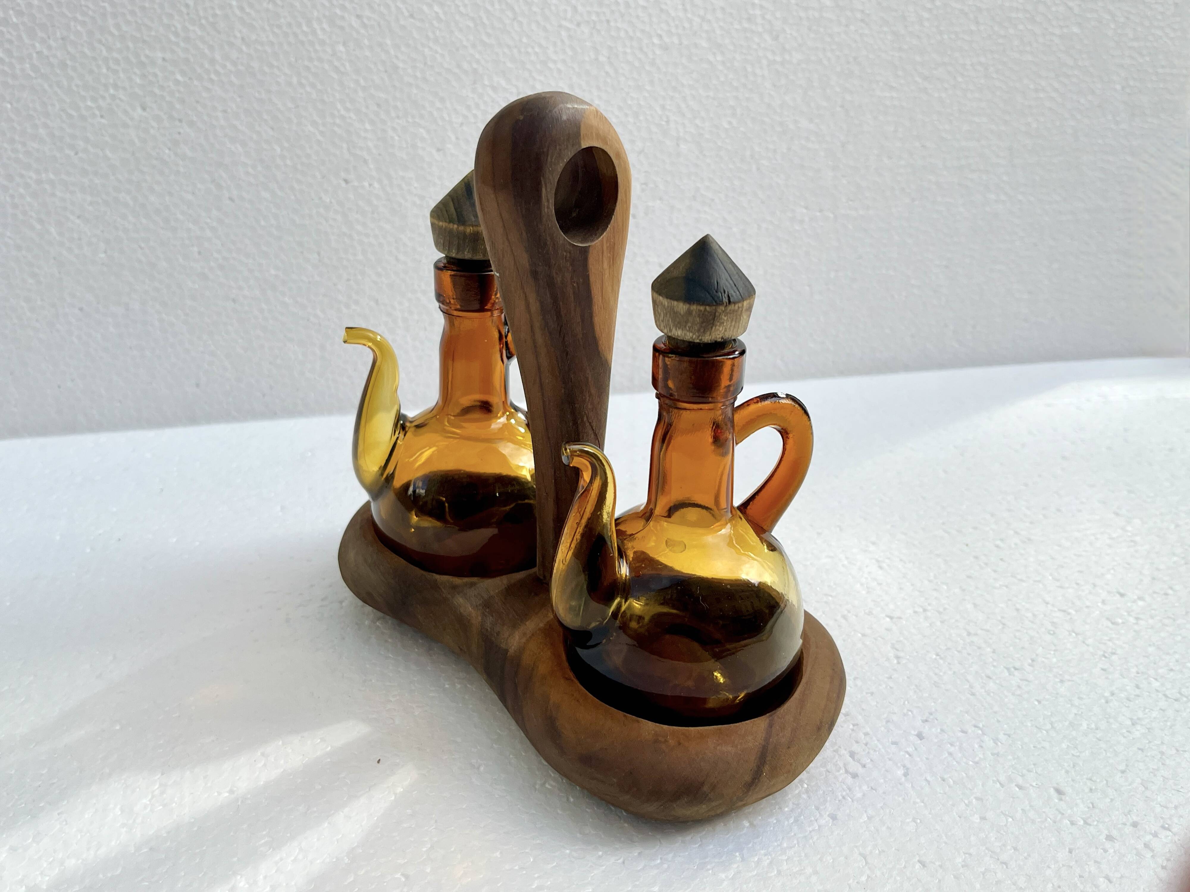 Oil and vinegar server amber glass and olive wood