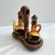 Oil and vinegar server amber glass and olive wood