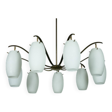 Rare Arredoluce Monza, 9-Light Brass and Opaline Glass Chandelier, Italy 19