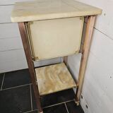 Bedside table in patinated iron, brass and marble tops