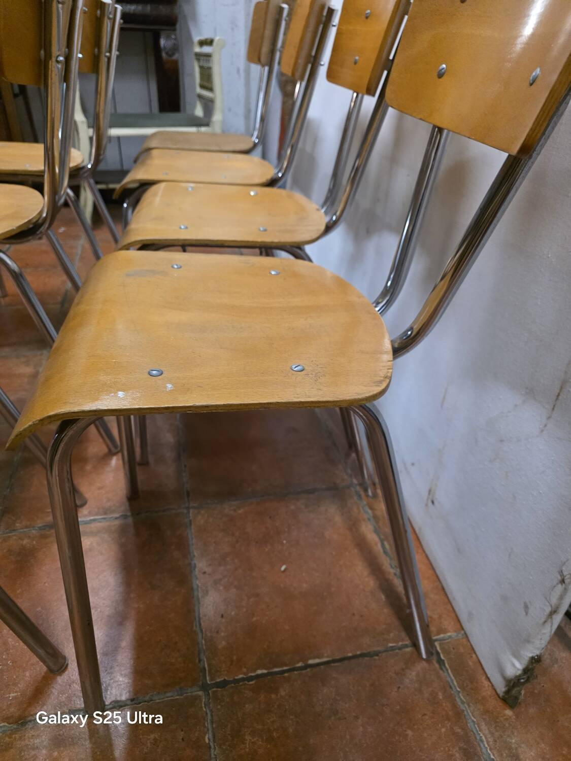 7 vintage school chairs in chrome metal from the 1970s