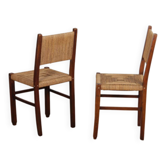 Pair of rustic wooden and rope chairs, 1940.