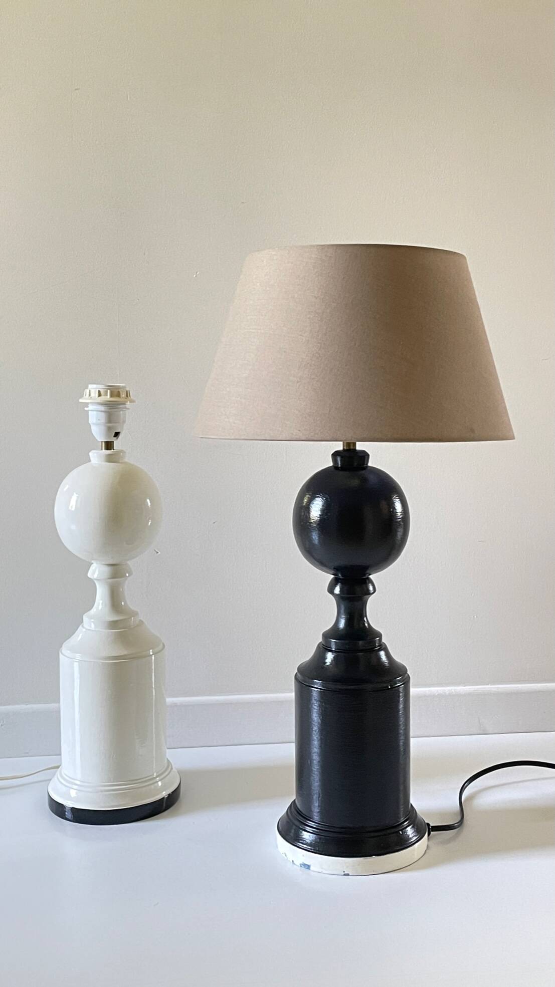 2 large black and white turned wood vintage lamp bases.