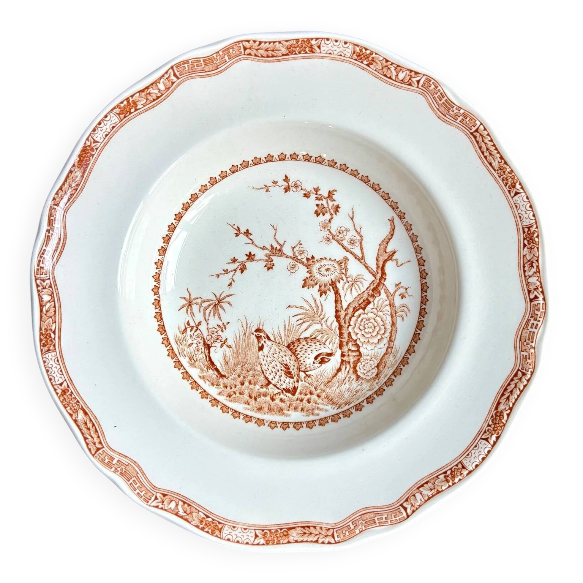 Assiette creuse en terre de fer anglaise ocre, service "Furnivals Quail"