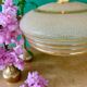 Suspension vintage lampshade in frosted yellow and gold glass