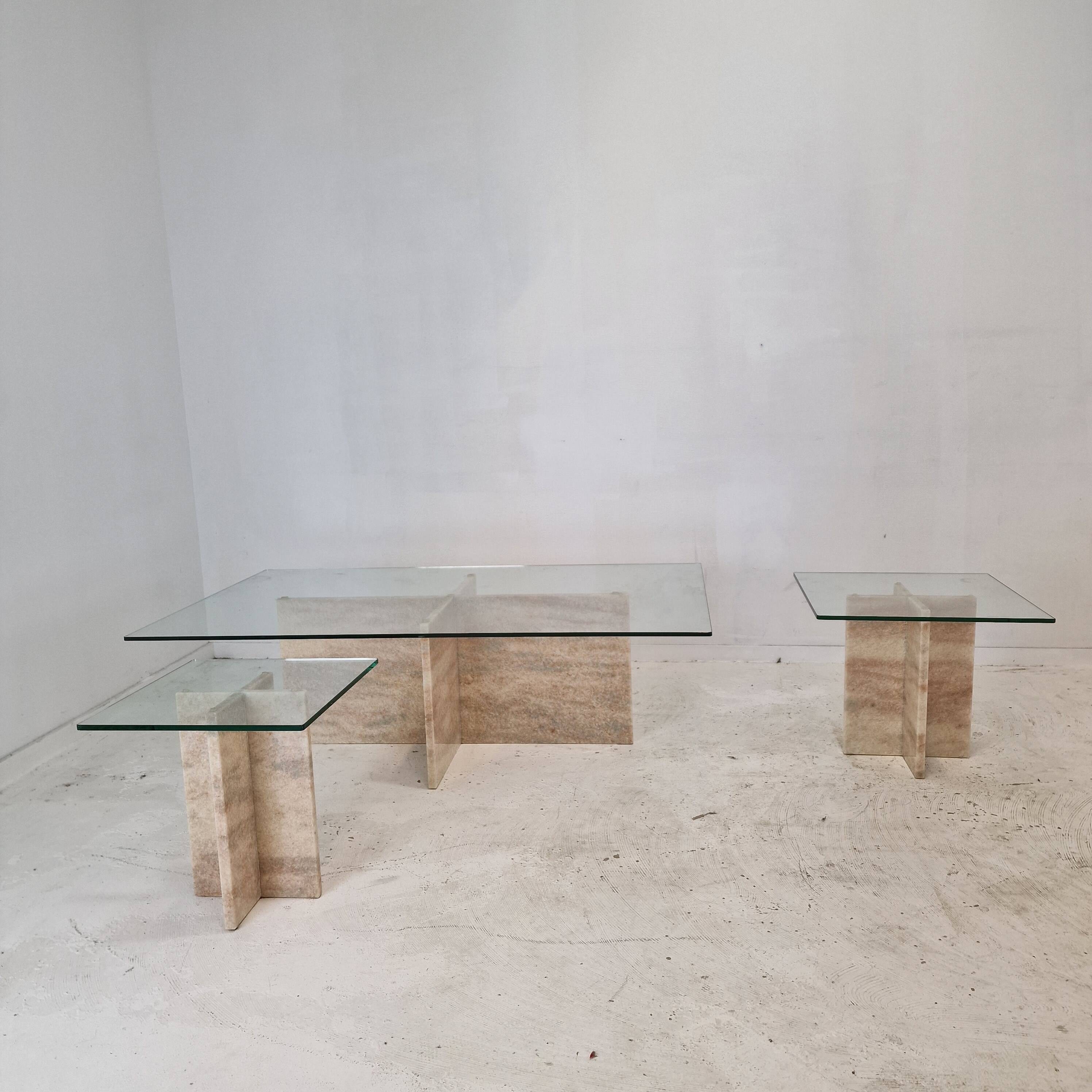Set of 3 Italian Marble Coffee or Side Tables with Glass, 1980s