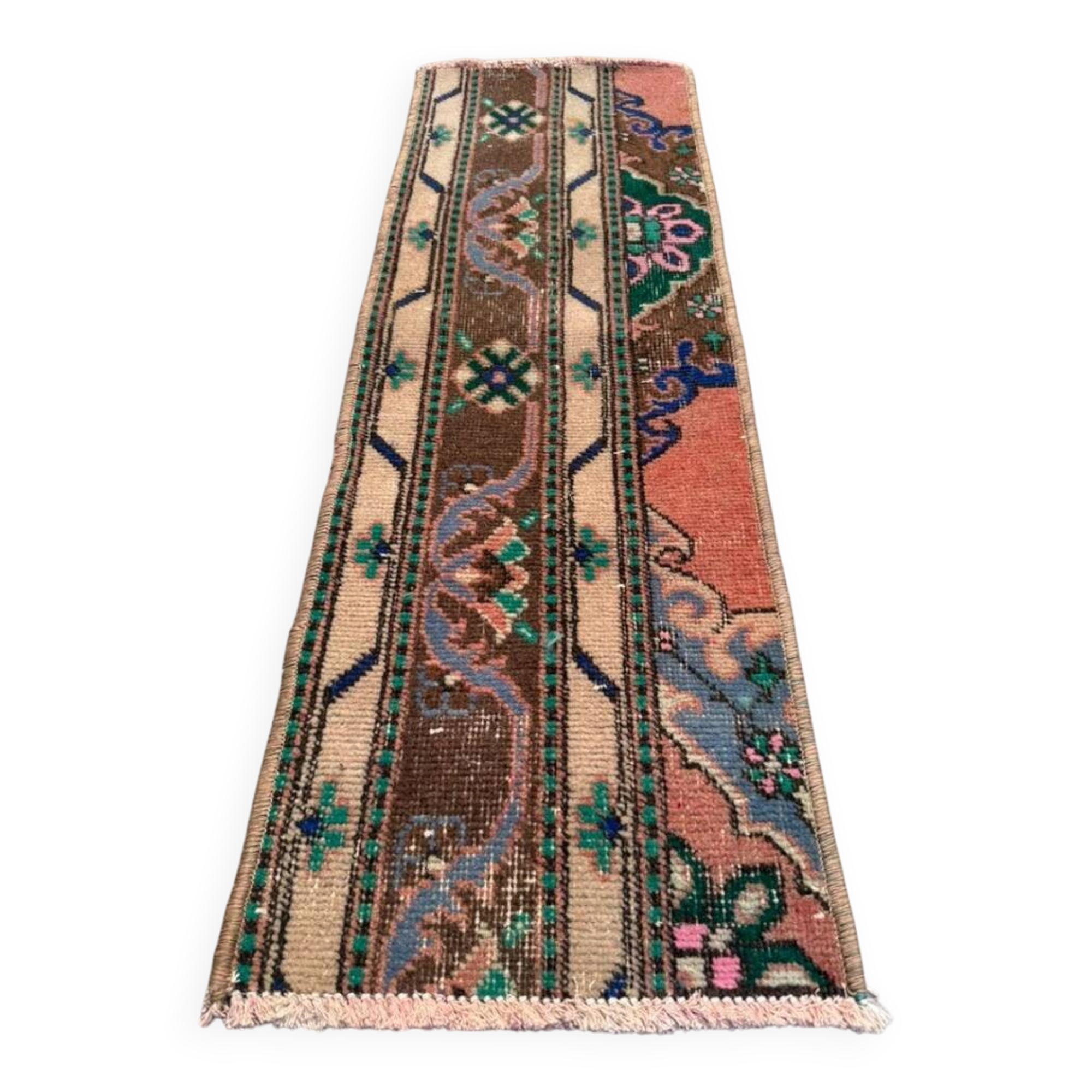 Small vintage Turkish rug 36x103 cm, short runner, mini carpet 2559