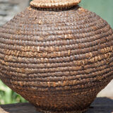Old basket with lid, burgundy straw and bramble, woven basket, interior decoration