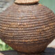 Old basket with lid, burgundy straw and bramble, woven basket, interior decoration