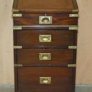 Victorian antique leather Davenport campaign desk with brass gallery.