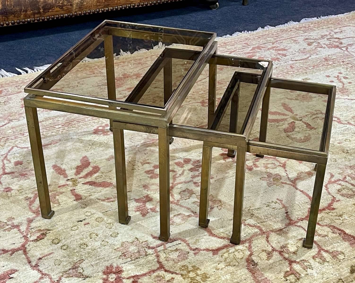 Set of 3 brass nesting tables by Guy Lefevre for Maison Jansen