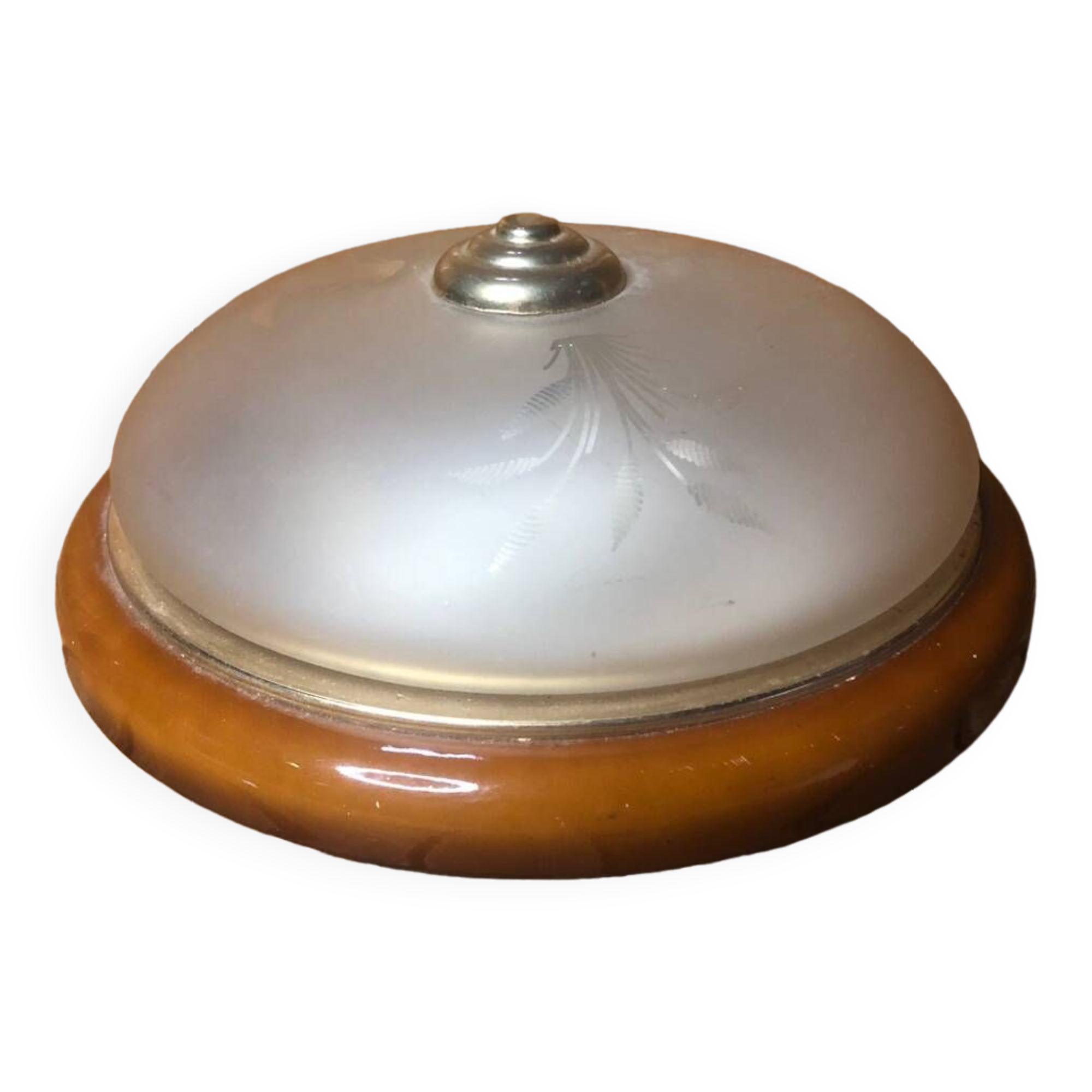 Old engraved glass ceiling light + vintage brown metal contour