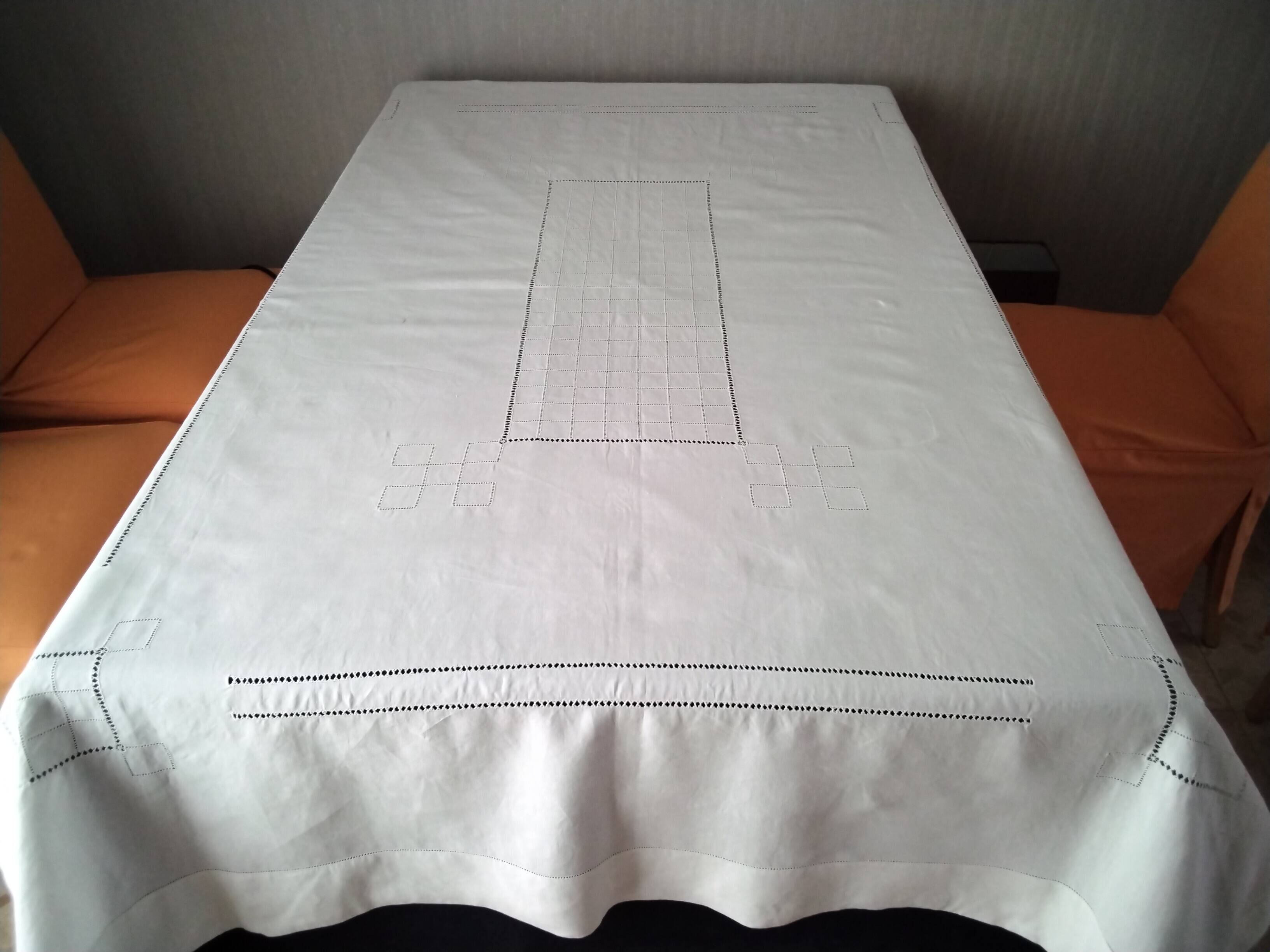 White linen tablecloth with handmade stitching 1.55 x 1.88 m