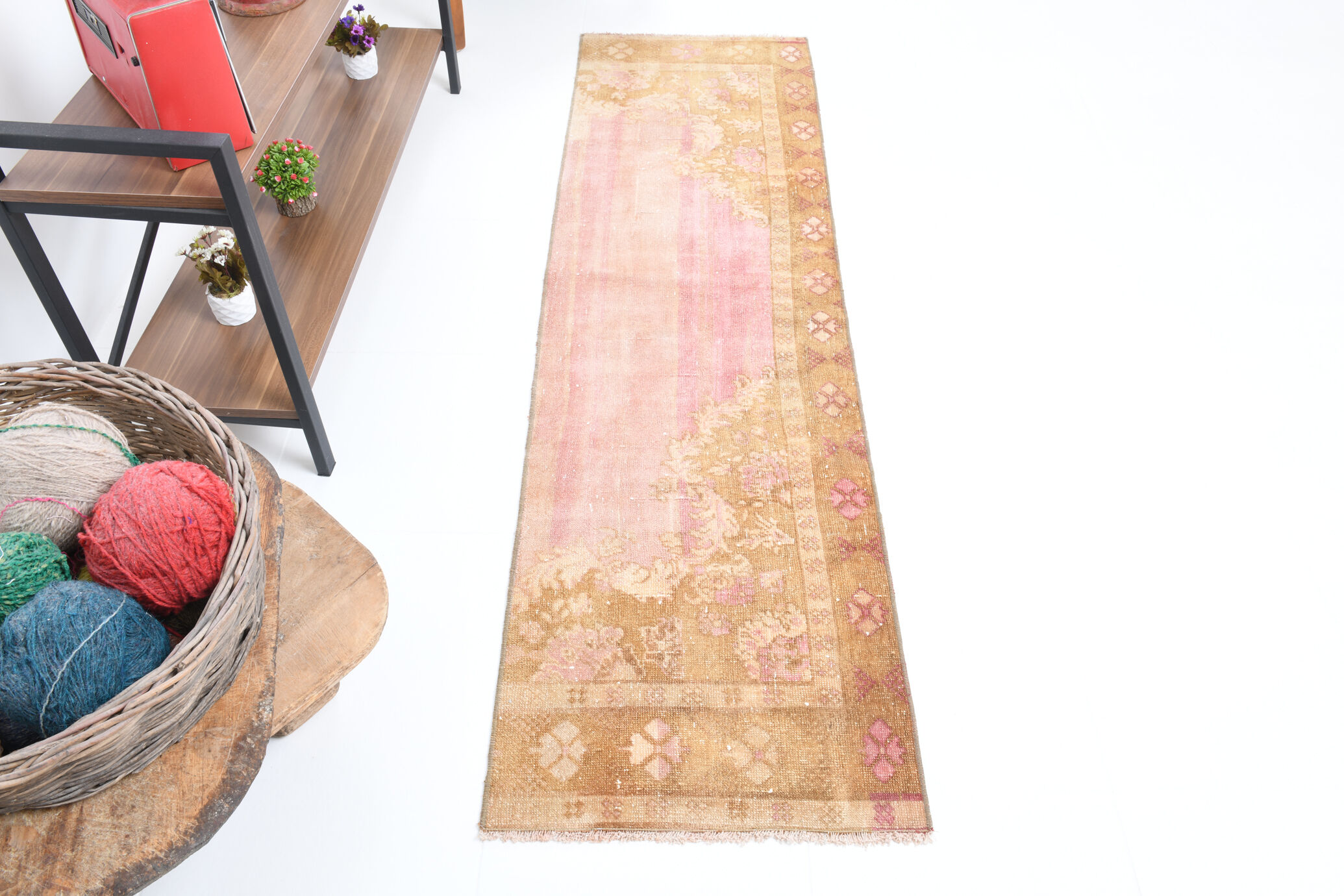 2x7 pink and brown turkish runner rug, 204x58cm