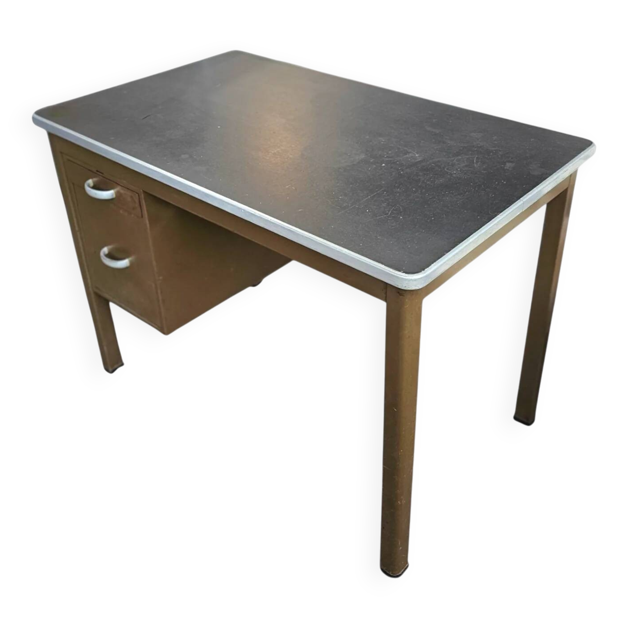 Industrial brown desk 1960s / linoleum inlay / model 7231 / Gispen / 1950s
