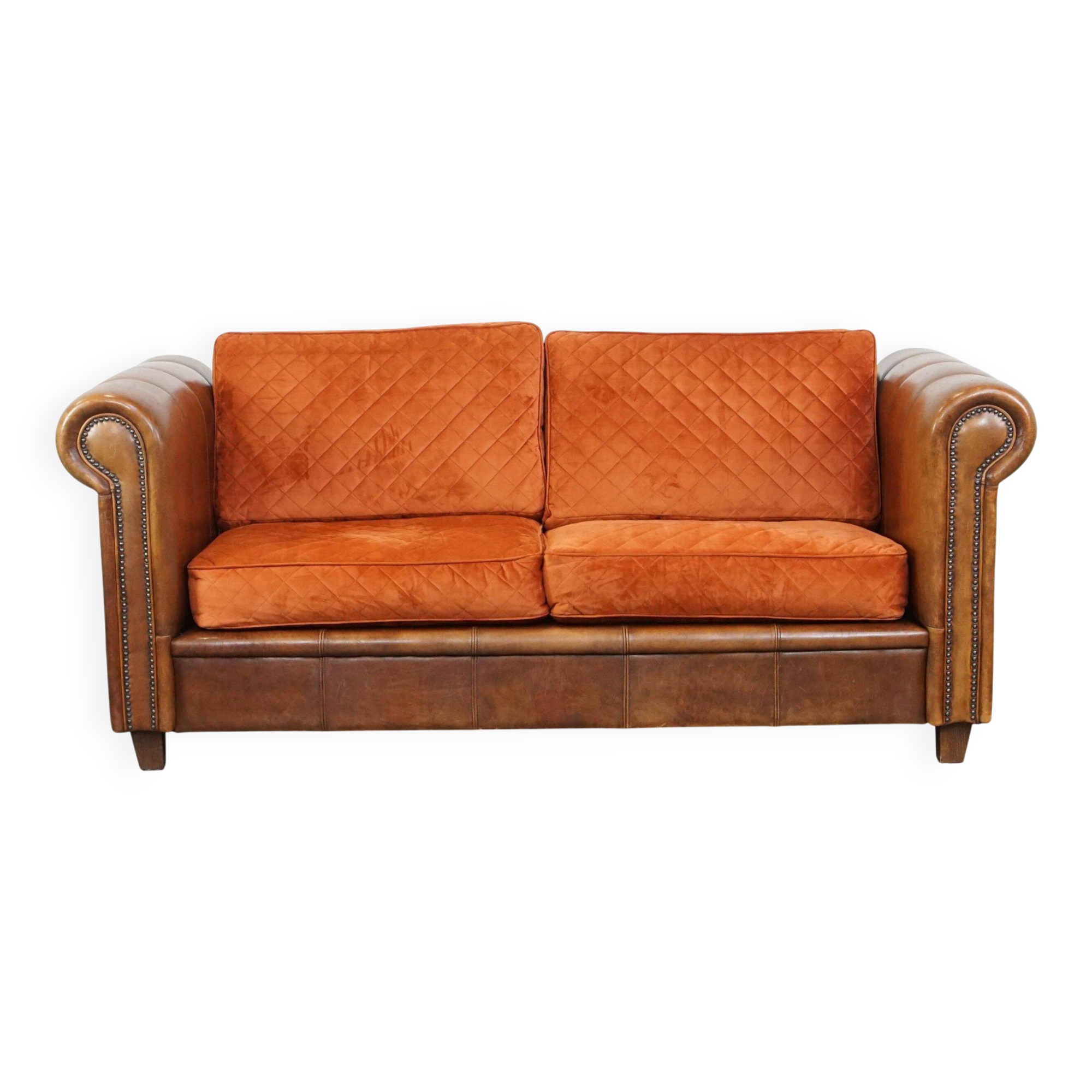 Luxury and comfortable sheepskin 2.5-seater sofa of top quality with orange fabric seat and back cushions