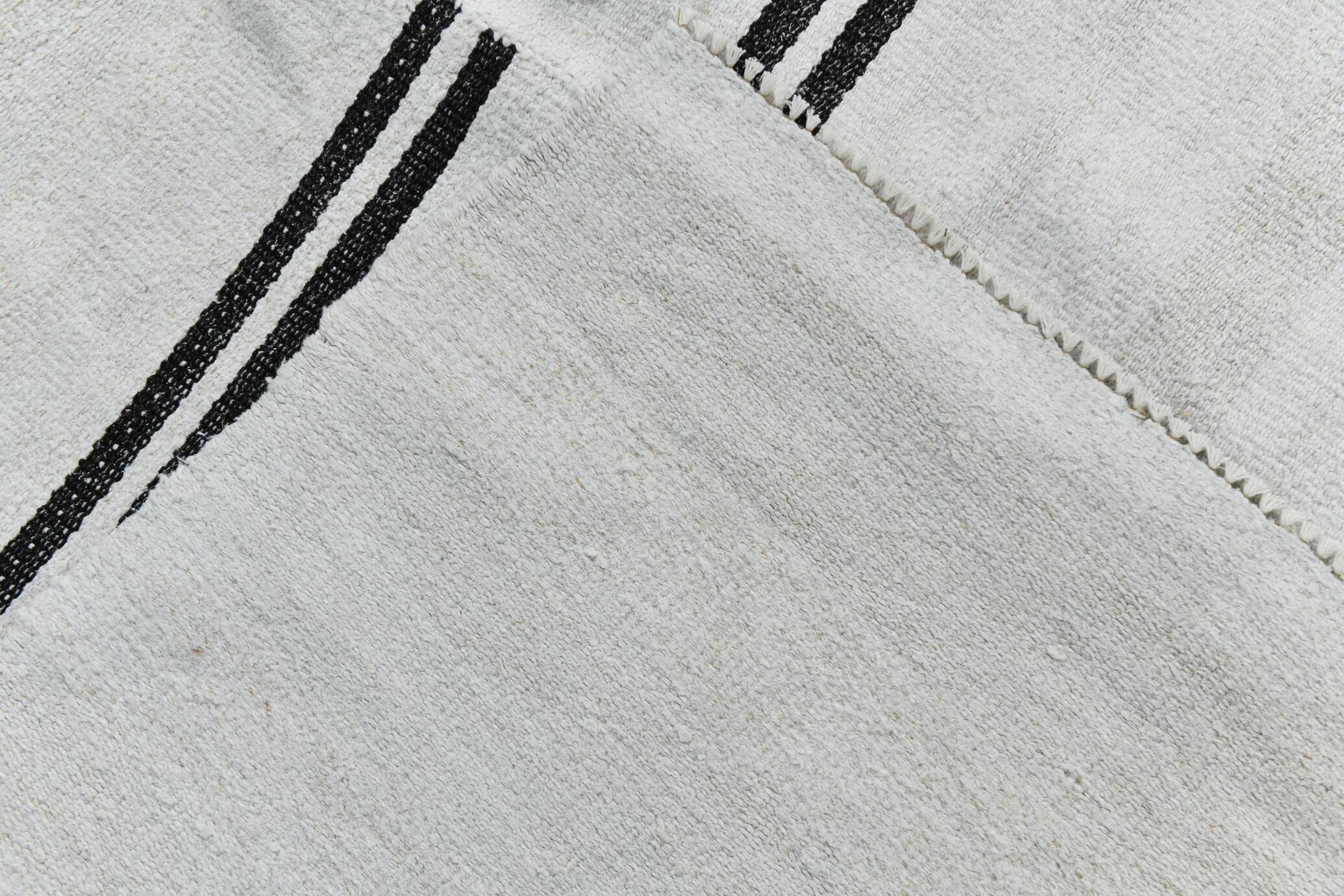 %100 Wool Beige & Black Striped Vintage Kilim Rug, 309x366 Cm